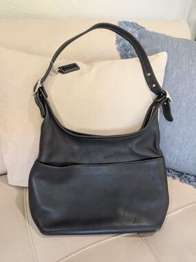 Vintage Coach 9058 Black Leather Legacy Hobo Shoulder Bag, SILVER ACCESSORIES!